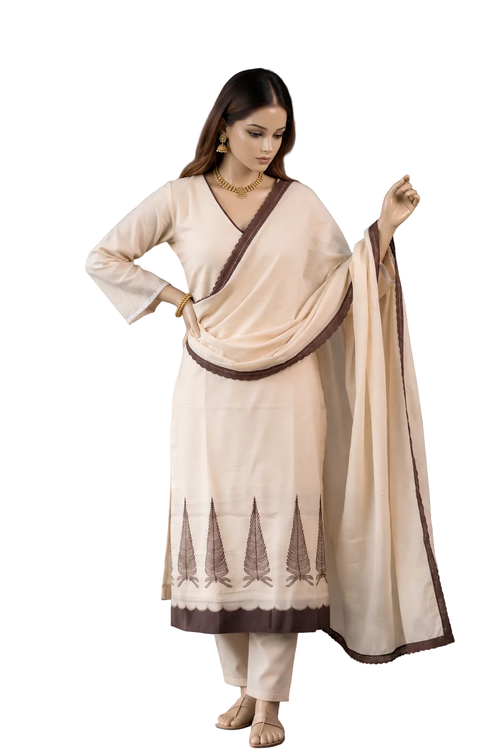 Cream Embroidered Roman Silk Kurta Pant Dupatta Set
