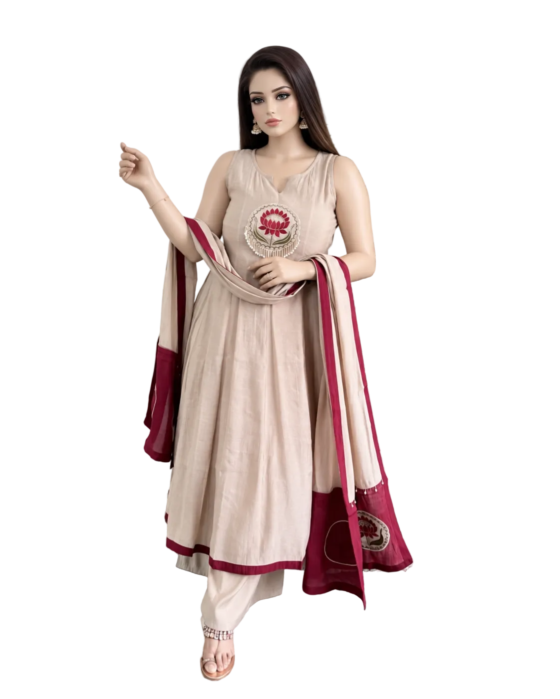 Cream Lotus Embroidered Pure Cotton Kurti Pant Dupatta Set