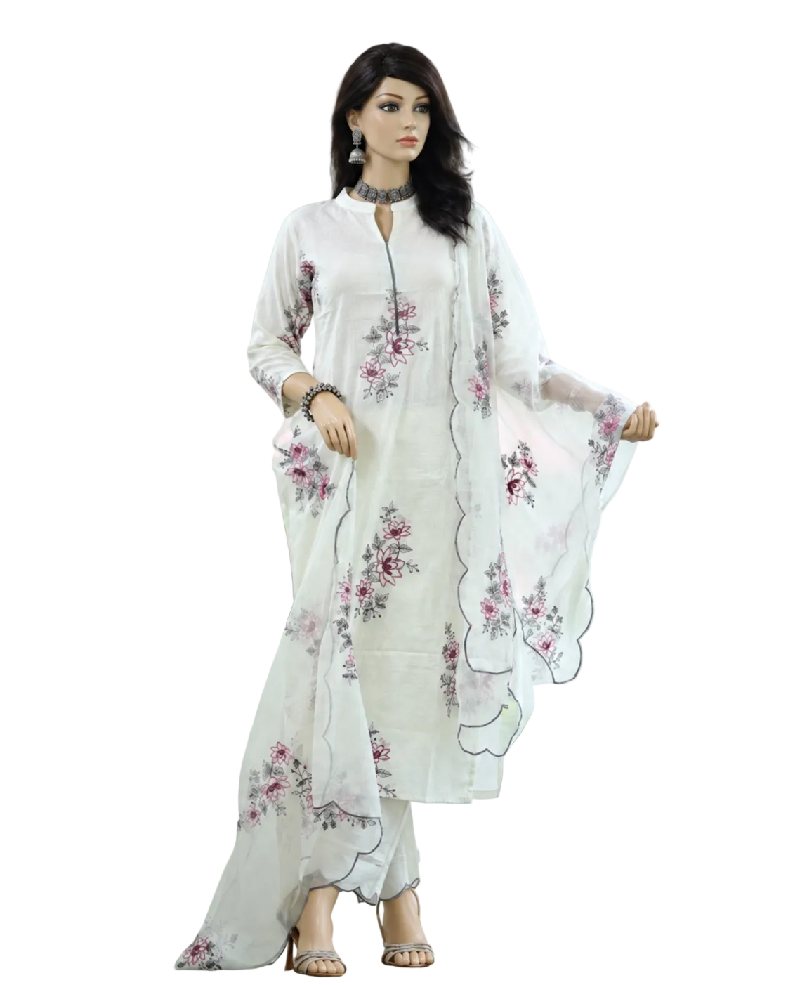 White Handloom Cotton Embroidered Kurti Pant Organza Dupatta Set