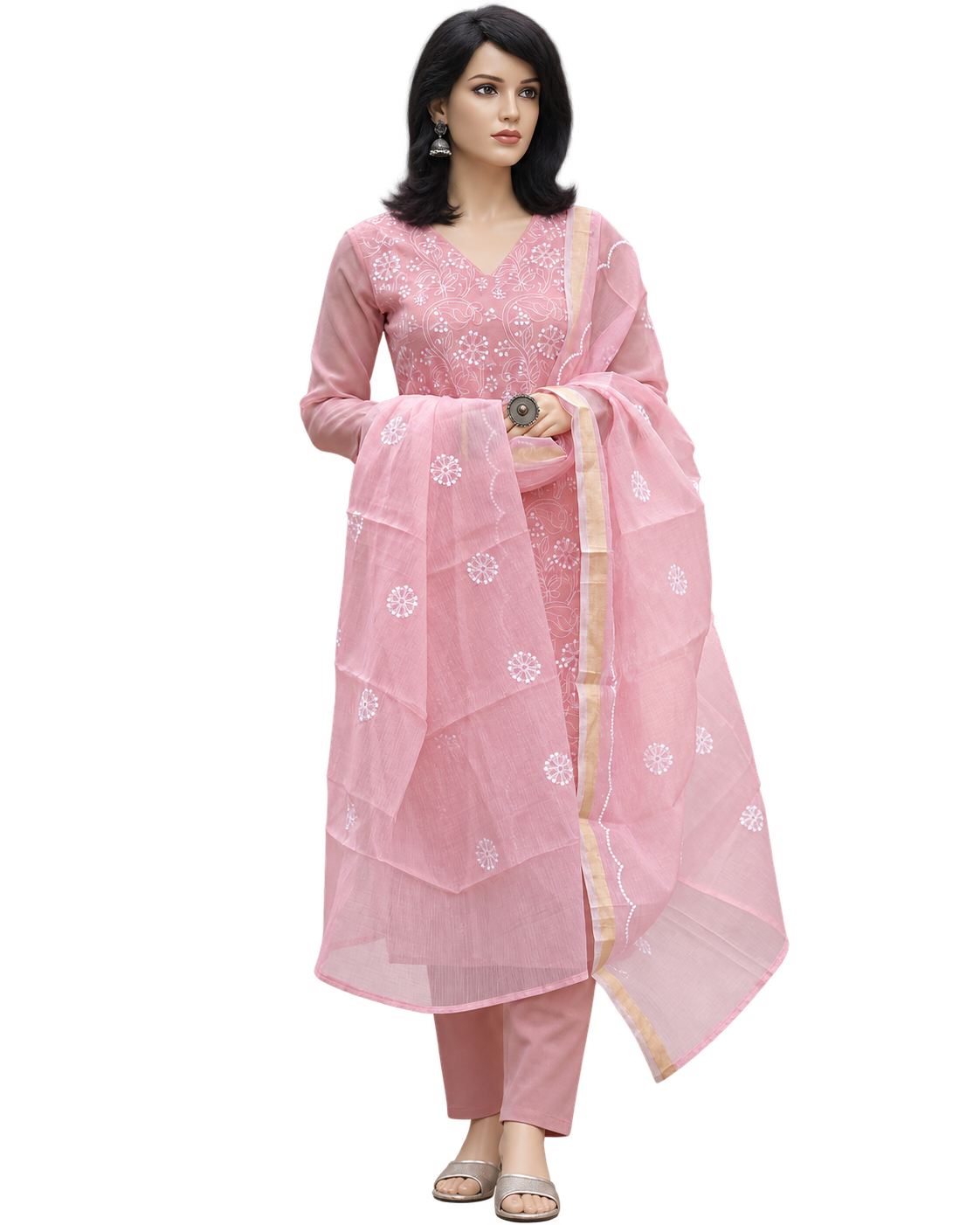 Pastel Pink Kota Doriya Embroidered 3-Piece Set