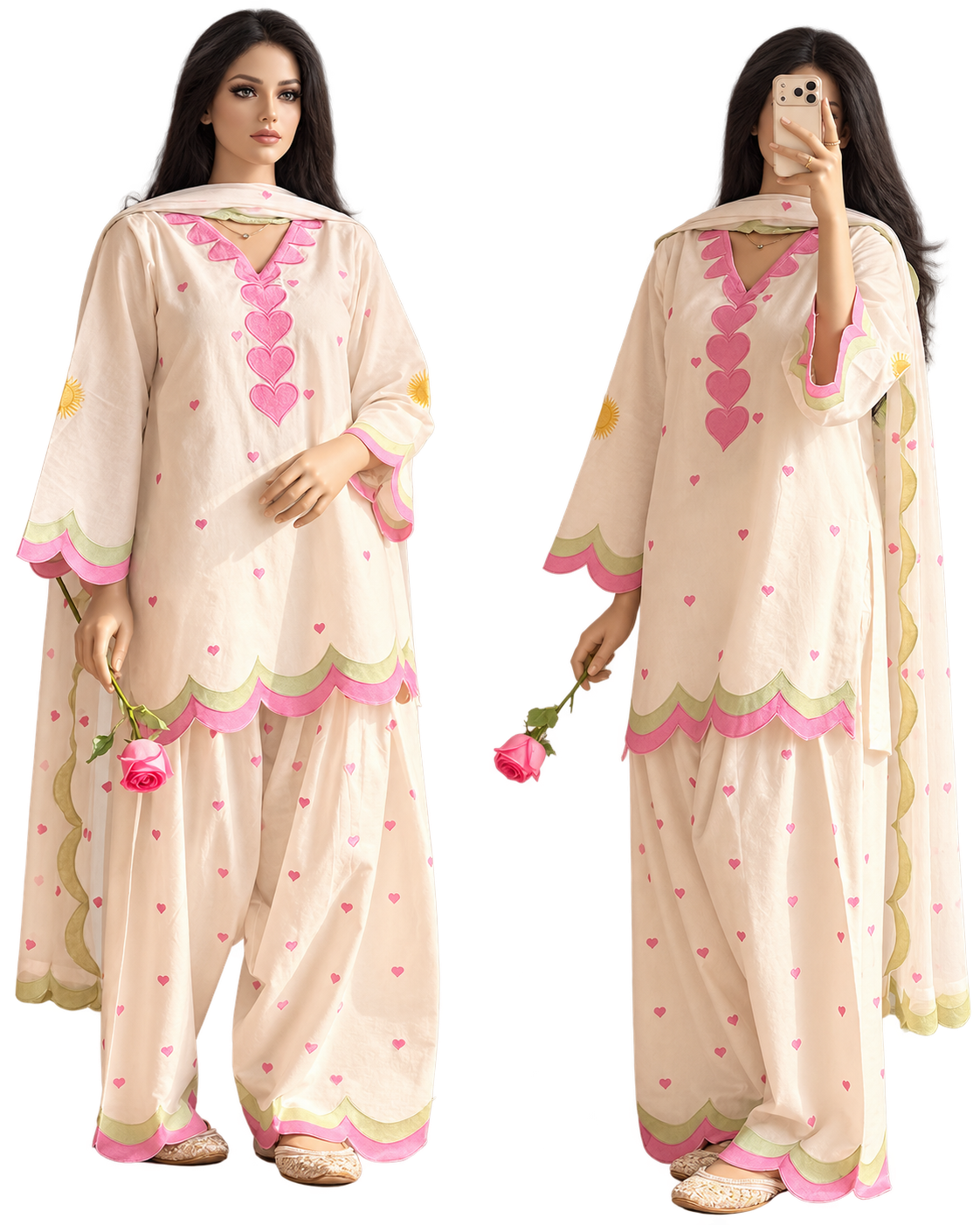 Pink Heart Embroidered Farshi Set