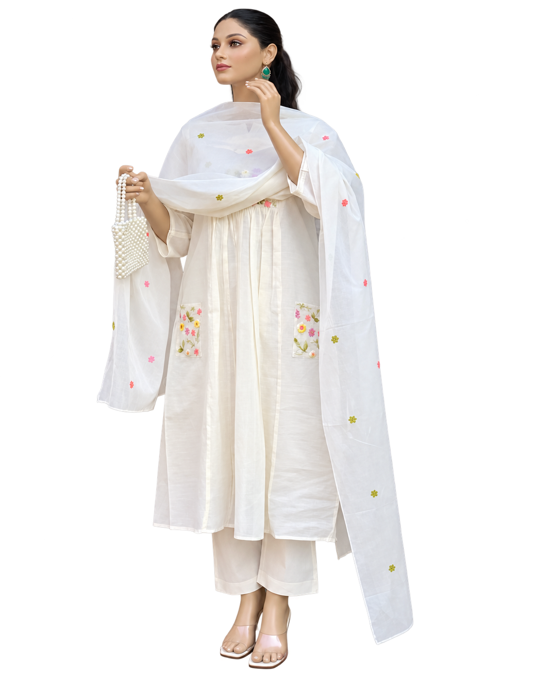 White Embroidered Cotton Kurta Pant Dupatta Set