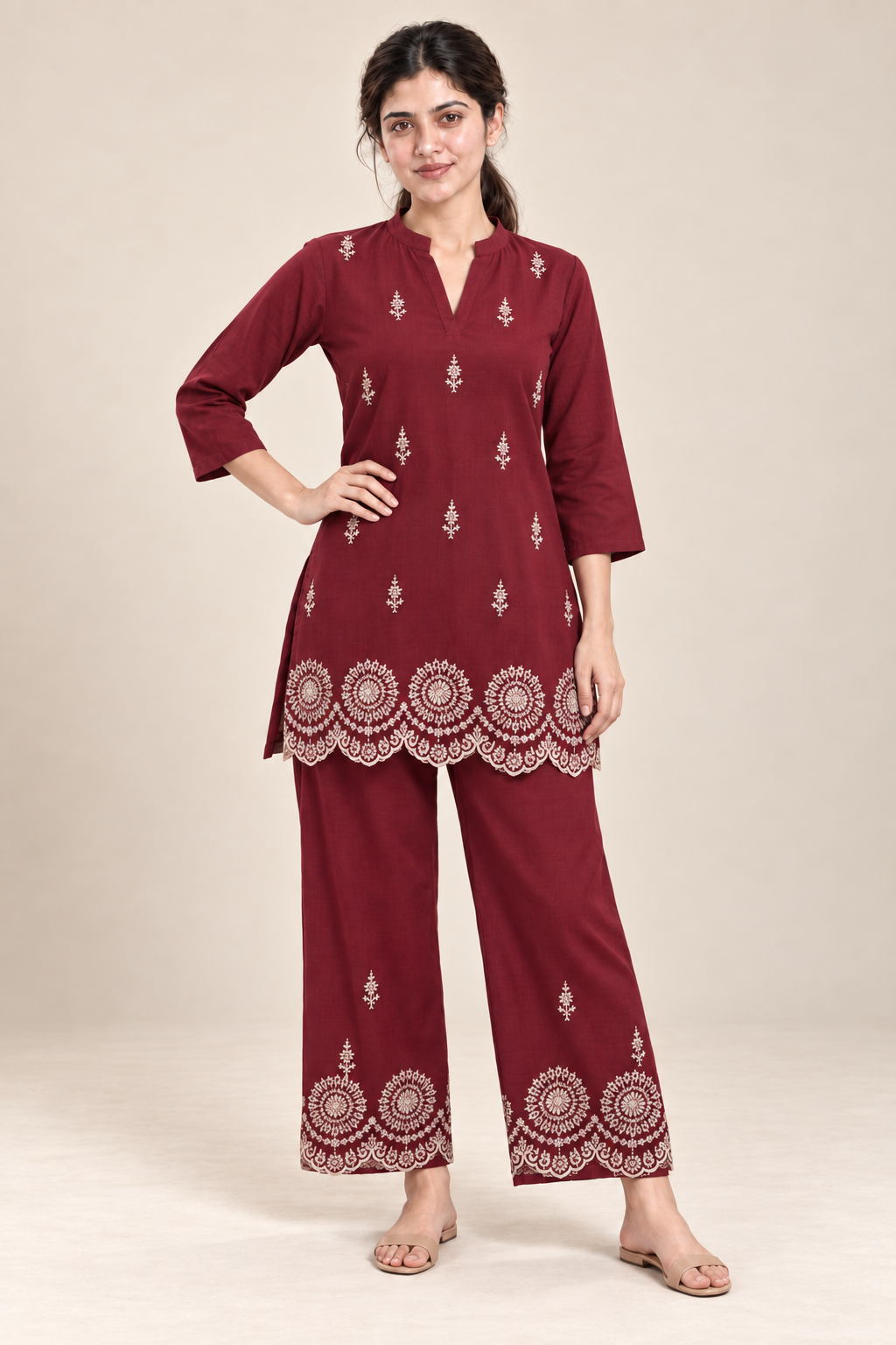 Floral Border Embroidered Cotton Co-ord Set