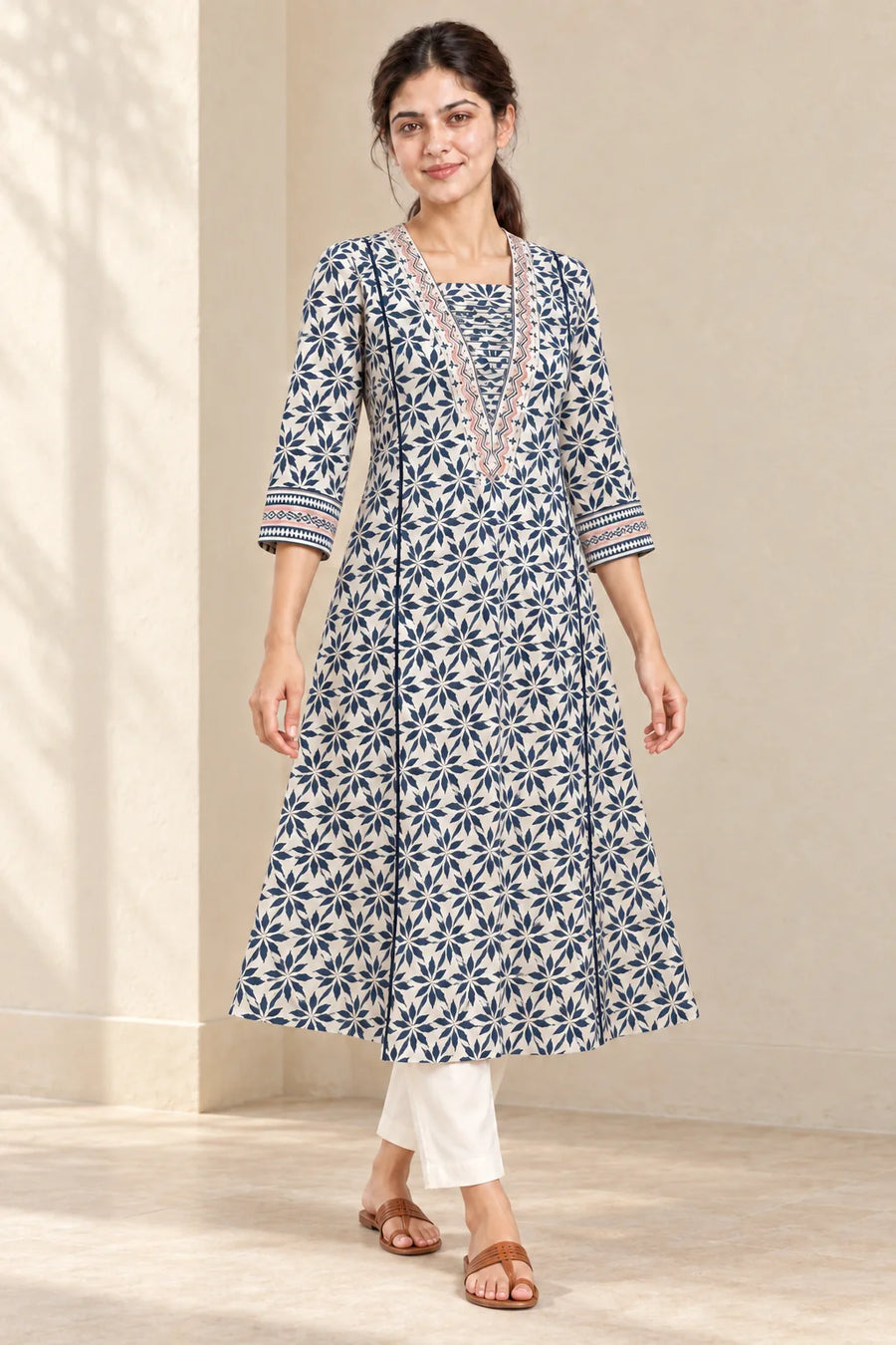 Navy Floral A-Line Cotton Kurta Co-ord Set