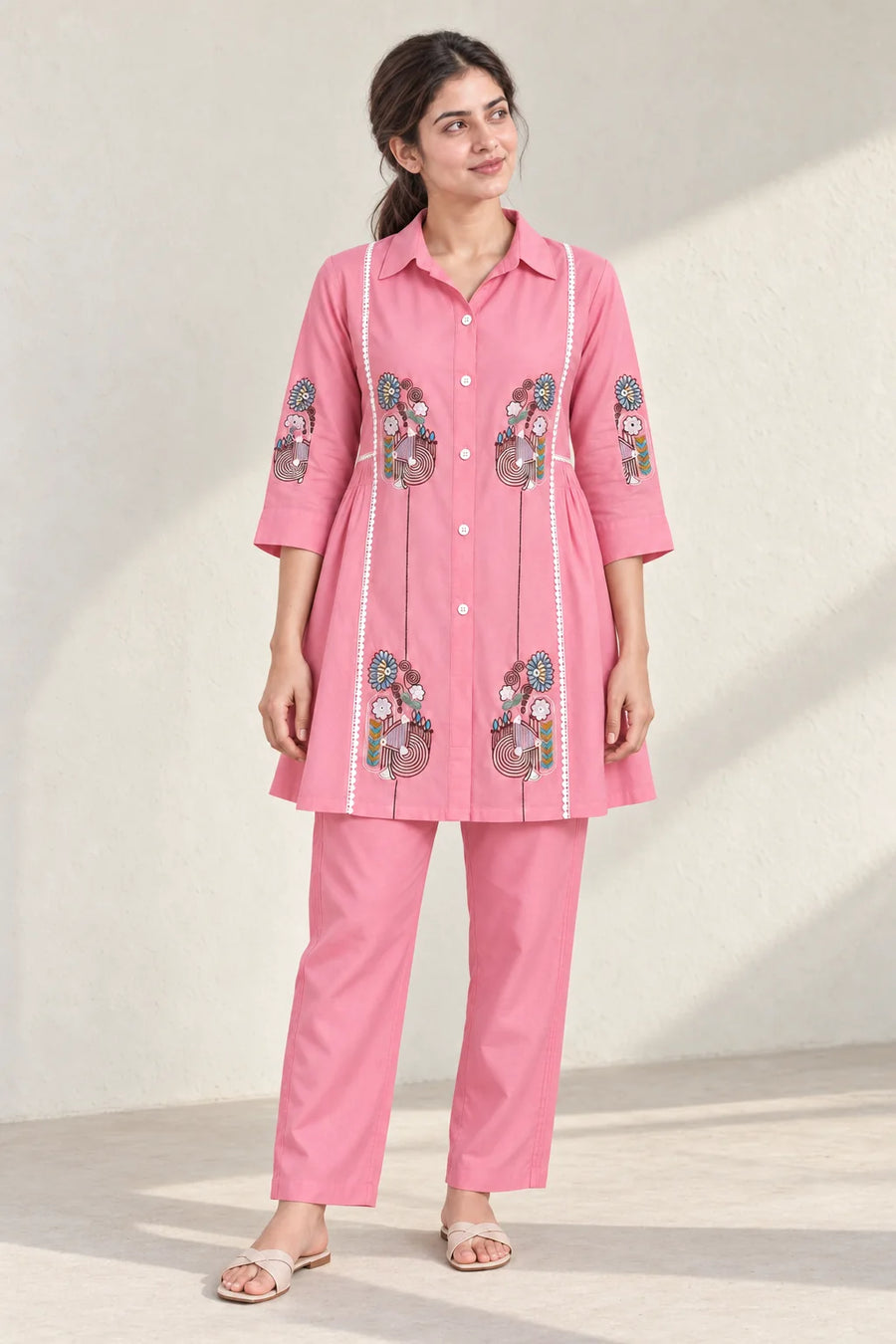 Floral Embroidered Cotton Shirt Co-ord Set