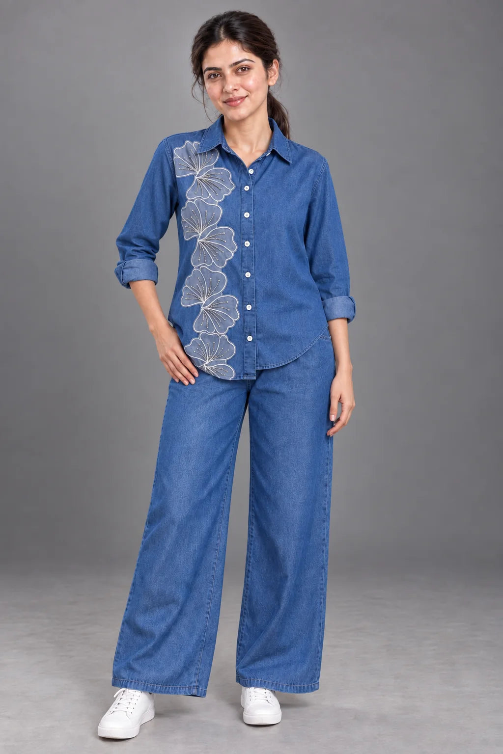 Blue Floral Appliqué Denim Shirt and Trouser Set