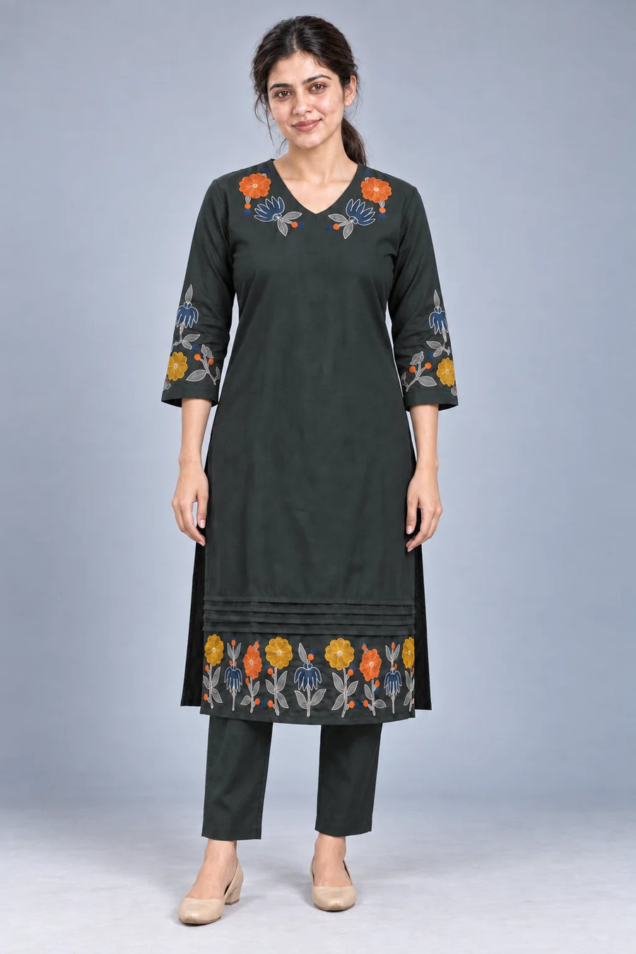 Floral Border Embroidered Cotton Kurta Set